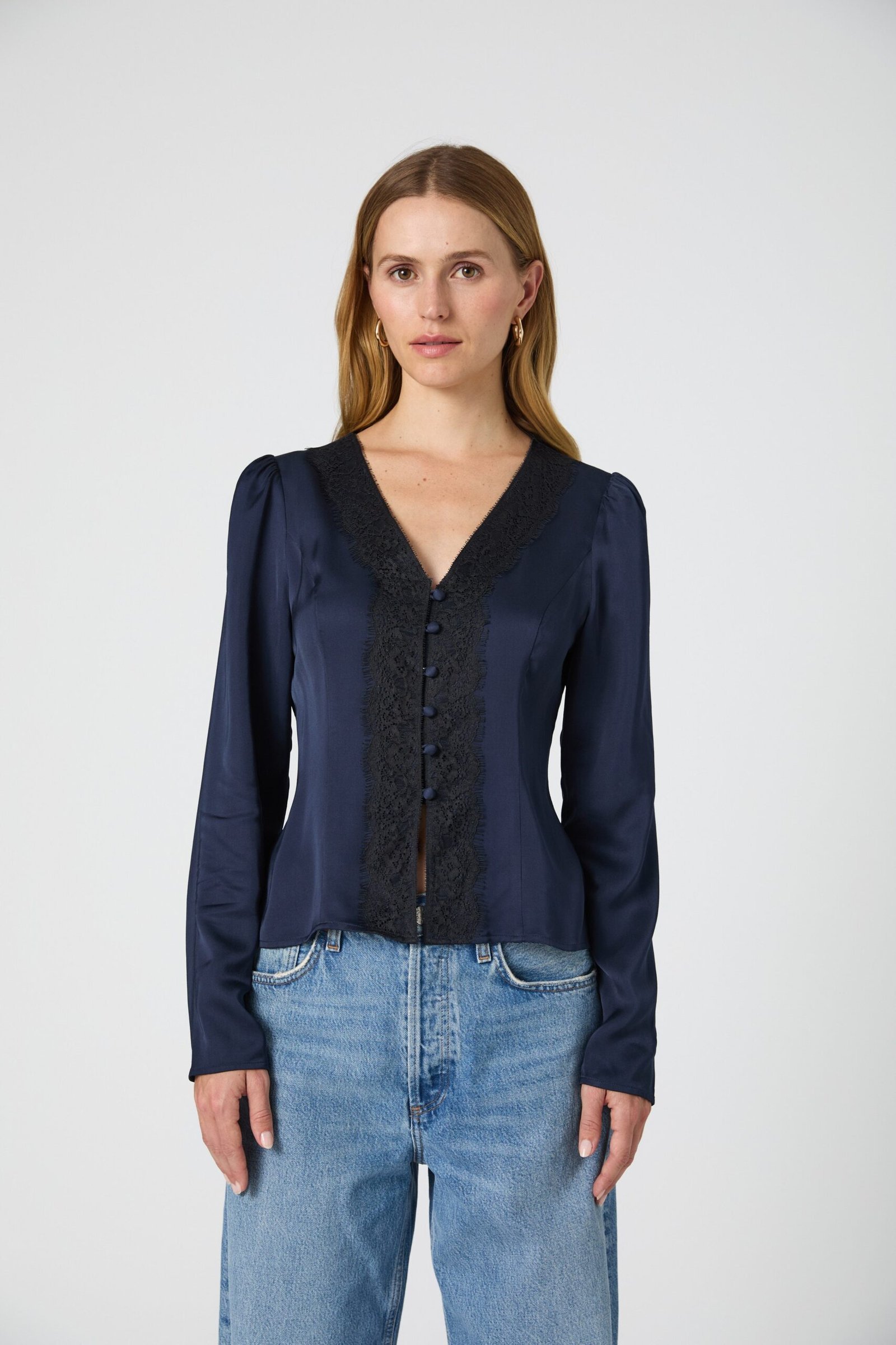2024_7_FrenchConnection_Ecom_3269-scaled-1.jpg Ennis Satin Lace V-Neck Blouse - Image 1