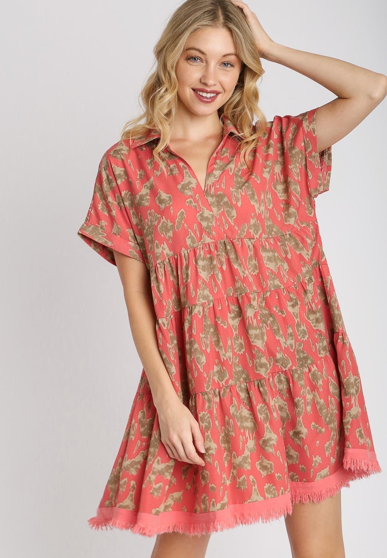 A5742_8b_1.jpg Umgee Animal Print Tiered Dress in Coral - Image 1