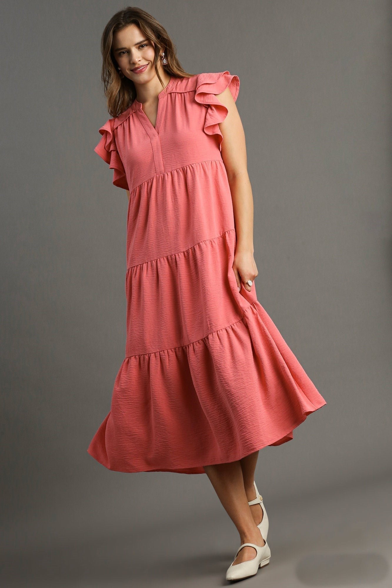 K7828_ay_1.jpg Umgee Split Neck A-Line Tiered Midi Dress in Coral Pink - Image 1
